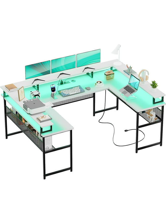 Homieasy U Shaped Desk with Power Outlet, 83 inch Reversible L-Shaped Gaming Desk with Monitor Stand and LED Strips, 2 Person Corner computer Desk with Storage Shelf for Home Office, White