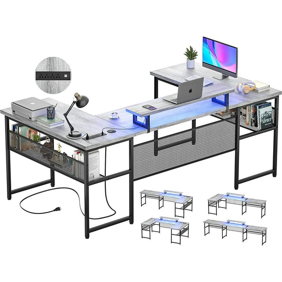 Homieasy U Shaped Desk with Power Outlet and LED Strips, 129.9'' Ergonomic L-Shaped Gaming Desk with Monitor Stand, Reversible Corner Computer Desk with Storage Shelf for Home Office, White Oak