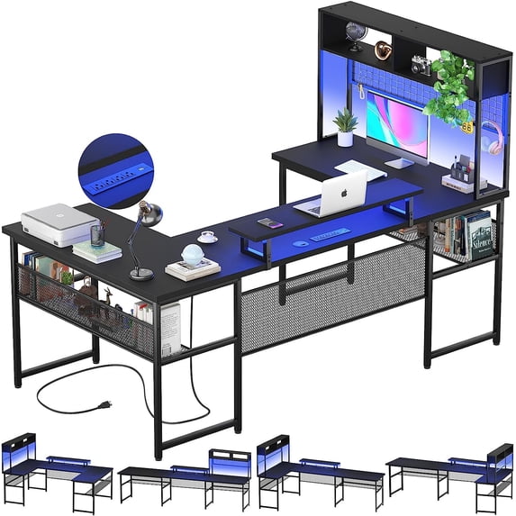 Homieasy 83 inch U Shaped Desk with LED, Outlet, Hutch, Stand, Shelves ...