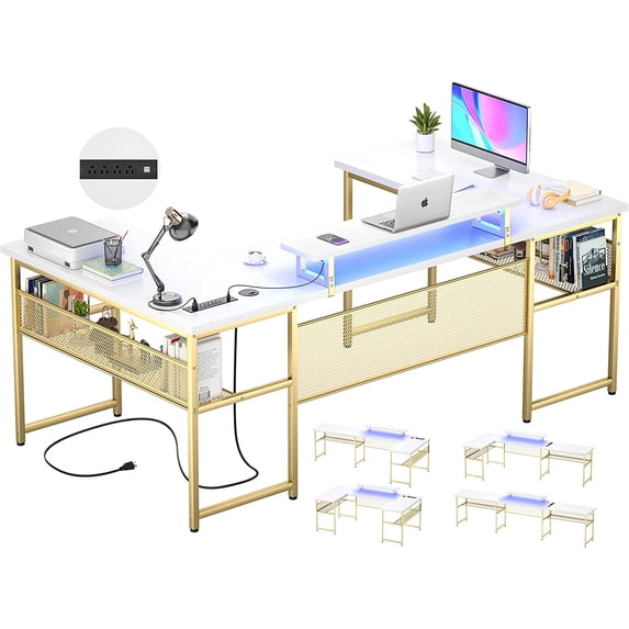 Homieasy U Shaped Desk with Power Outlet and LED Strips, Reversible Corner Computer Desk with Storage Shelf, Ergonomic L-Shaped Gaming Desk with Monitor Stand, 2 Person Home Office Desk, Rustic