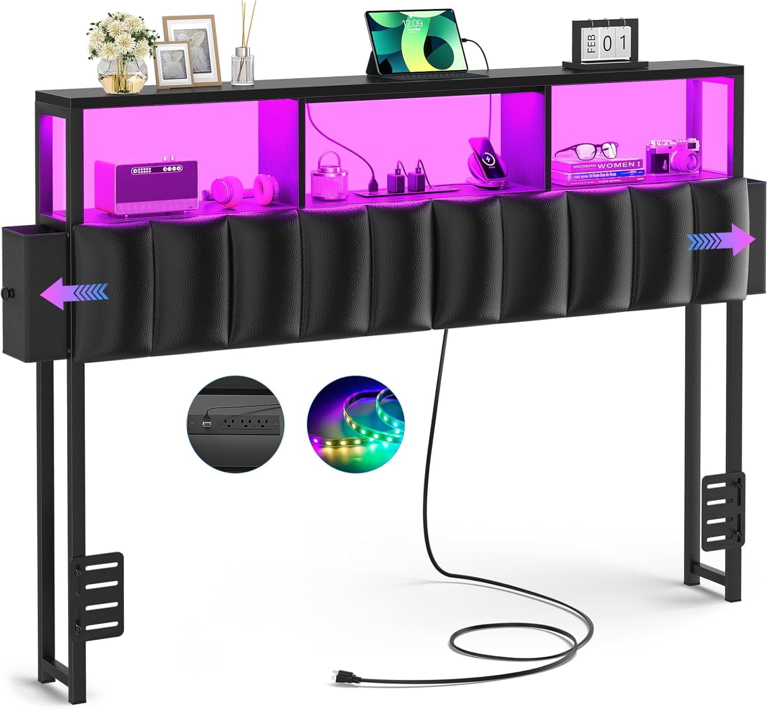 Homieasy Upholstered Full Headboard with Hidden Drawer Storage, Headboards for Full Size with Power Outlet and LED Light, Sturdy and Stable Headboard, Black