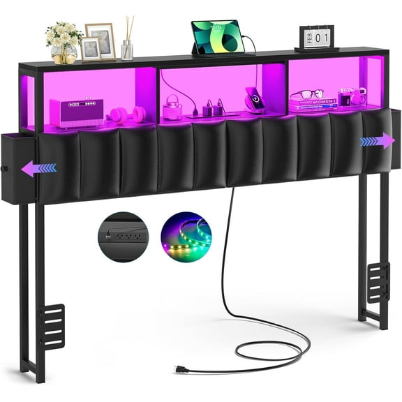 Homieasy Upholstered Full Headboard with Hidden Drawer Storage, Headboards for Full Size with Power Outlet and LED Light, Sturdy and Stable Headboard, Black