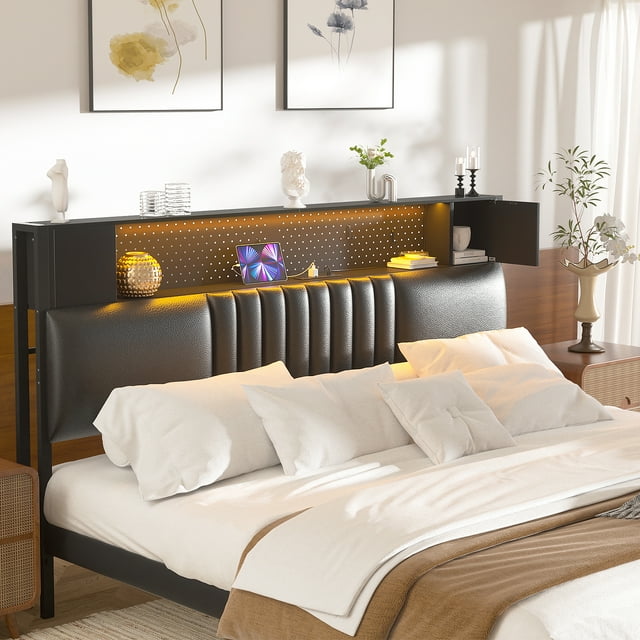 Homieasy Upholstered Headboard for Queen Size Bed Frame with Storage Shelf and Cabinet, Headboards with Outlets and RGB LED Light, Comfortable Head Board, Sturdy and Stable, Easy Assembly, Black