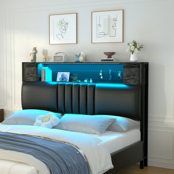 Homieasy Upholstered Headboard for Twin Size Bed Frame with Storage Shelf and Cabinet, Headboards with Outlets and RGB LED Light, Comfortable Head Board, Sturdy and Stable, Easy Assembly, Black Oak