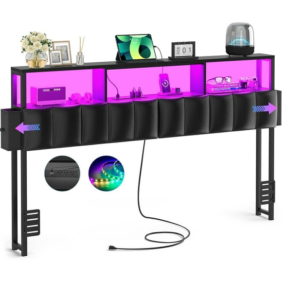 Homieasy Upholstered Queen Headboard with Hidden Drawer Storage, Headboards for Queen Size with Power Outlet and LED Light, Sturdy and Stable Headboard, Black