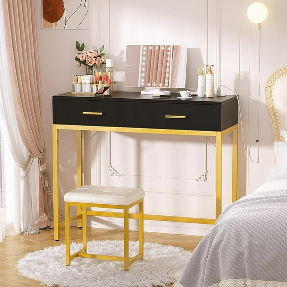 Homieasy Vanity Desk with Charging Station, Makeup Vanity with Lighted Mirror, Tri-Fold, Small Vanity Set with Drawers and 3 Outlets & 2 USB, 36'' Vanitys with Stool, Dressing Table, Black