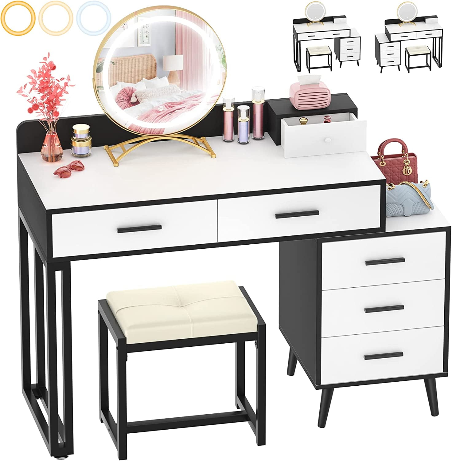 Homieasy Vanity Desk with LED Lighted Mirror, 44'' Reversible Makeup