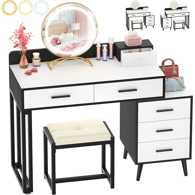 Homieasy Vanity Desk with LED Lighted Mirror, 44'' Reversible Makeup