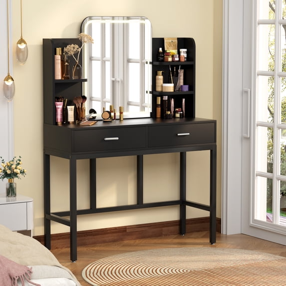 Homieasy Vanity Desk with LED Lighted Mirror, Makeup Desk with 5 Storage Shelves & 2 Drawers, Vanity Table, Modern Dressing Table with 3 Color Lighting Options,Black