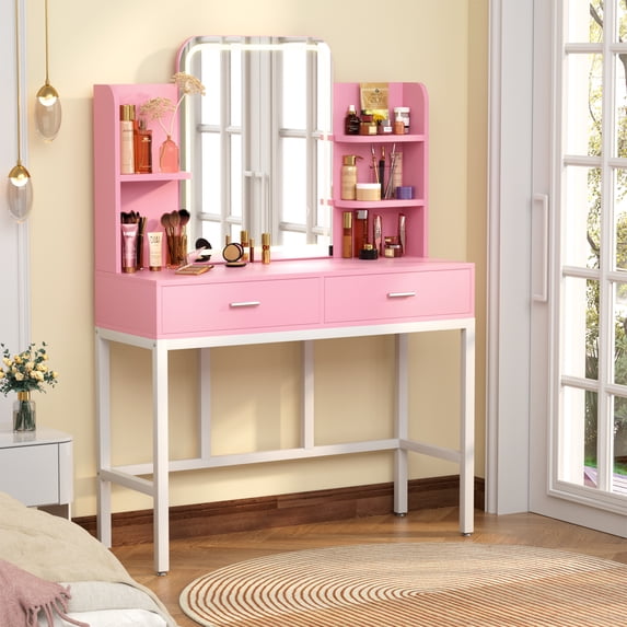 Homieasy Vanity Desk with LED Lighted Mirror, Makeup Desk with 5 Storage Shelves & 2 Drawers, Vanity Table, Modern Dressing Table with 3 Color Lighting Options,Pink