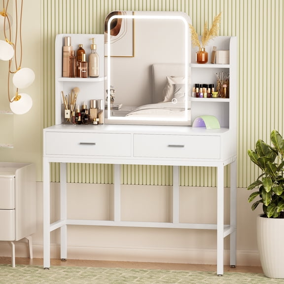 Homieasy Vanity Desk with LED Lighted Mirror, Makeup Desk with 5 Storage Shelves & 2 Drawers, Vanity Table, Modern Dressing Table with 3 Color Lighting Options, White