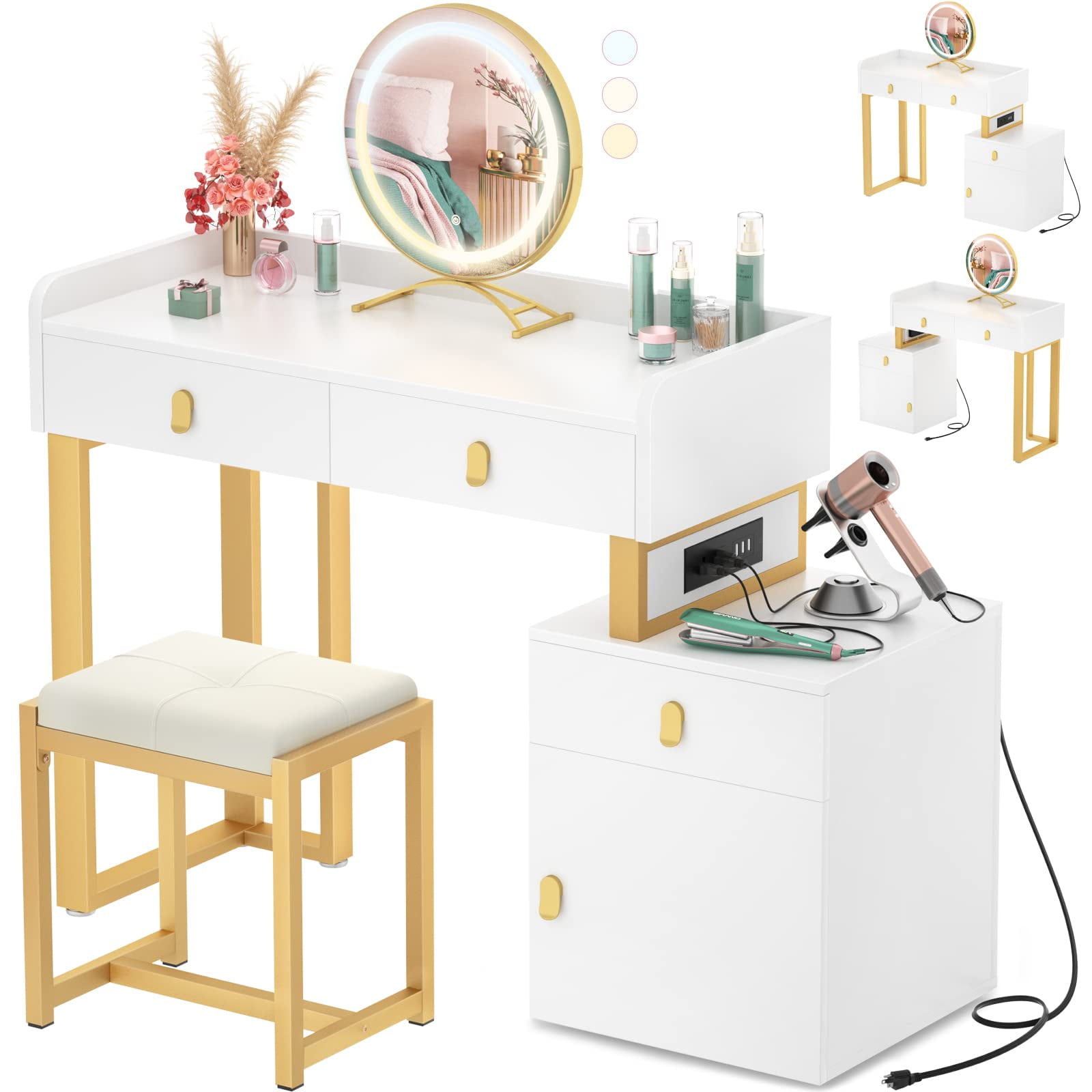 Homieasy Vanity Desk with LED Lighted Mirror & Power Outlets, 44 