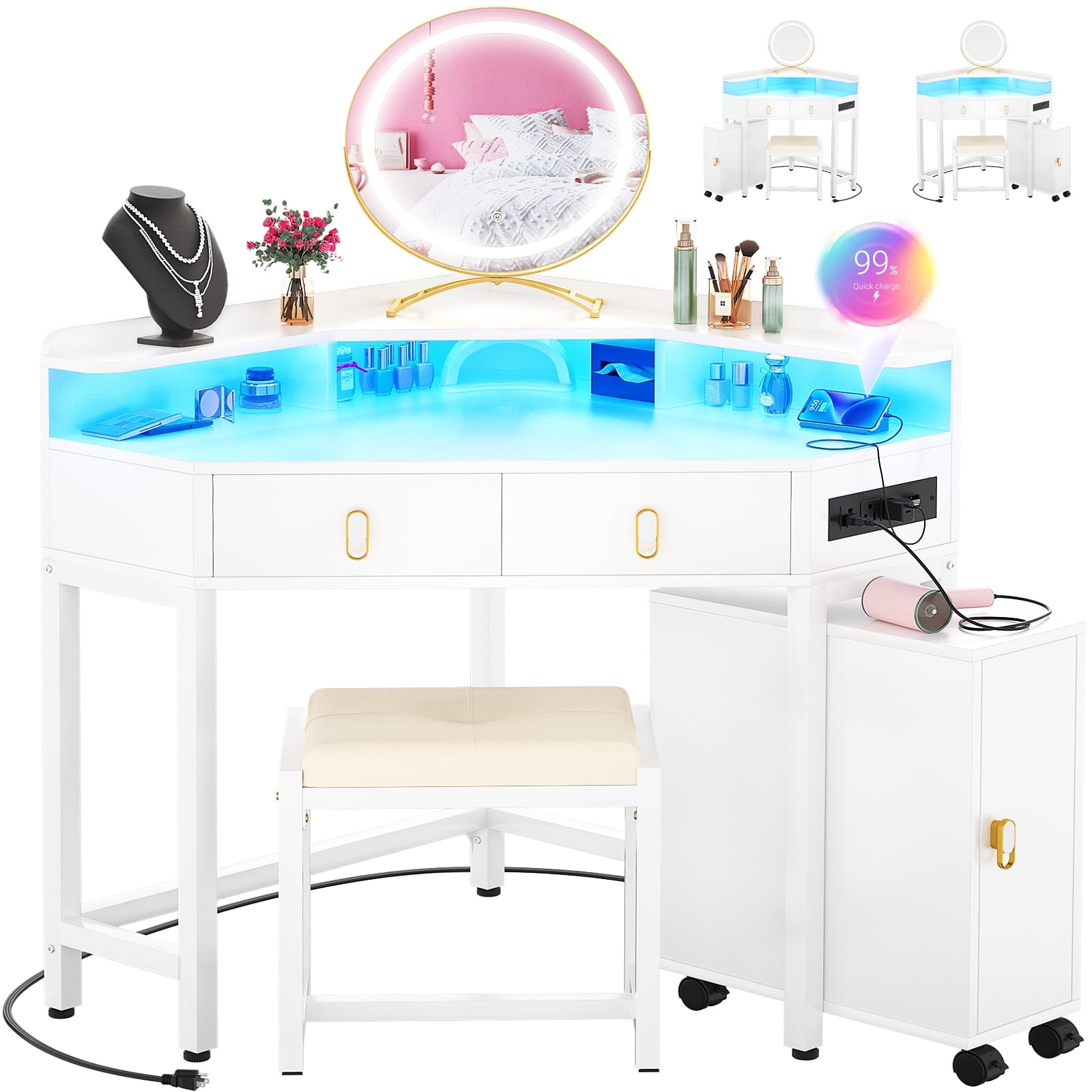 Homieasy Vanity Desk with LED Lighted Mirror & Power Outlets