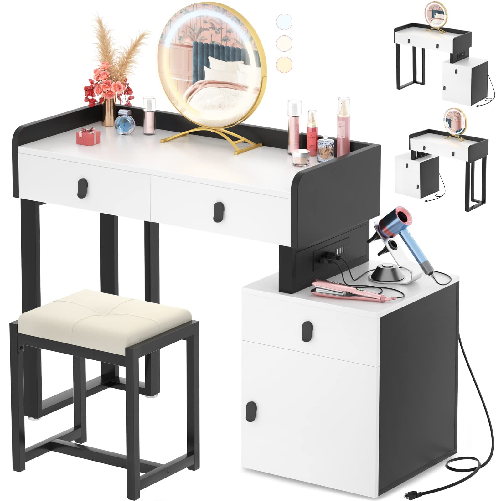 Homieasy Vanity Desk with Lighted Mirror & Power Outlets, 44'' Makeup