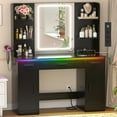 thumbnail image 1 of Homieasy Vanity Desk, Makeup Vanity Desk with Mirror and Lights 3 Colors, Transparent Top with 3 Drawers, 6 Shelves, 2 Large Tempered Cabinets, Power Outlet, for Bedroom, Black, 1 of 7