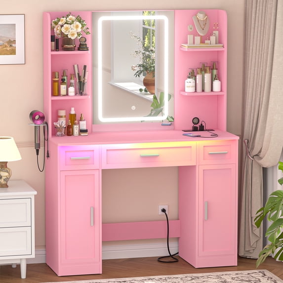 Homieasy Vanity Desk, Makeup Vanity Desk with Mirror and Lights 3 Colors, Transparent Top with 3 Drawers, 6 Shelves, 2 Large Tempered Cabinets, Power Outlet, for Bedroom, Pink