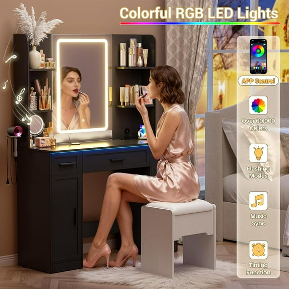 Homieasy Vanity Desk, Makeup Vanity Desk with Mirror and Lights 3 Colors, Transparent Top with 3 Drawers, 6 Shelves, 2 Large Tempered Cabinets, Power Outlet, for Bedroom, Pink