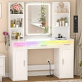 thumbnail image 1 of Homieasy Vanity Desk, Makeup Vanity Desk with Mirror and Lights 3 Colors, Transparent Top with 3 Drawers, 6 Shelves, 2 Large Tempered Cabinets, Power Outlet, for Bedroom, White, 1 of 7