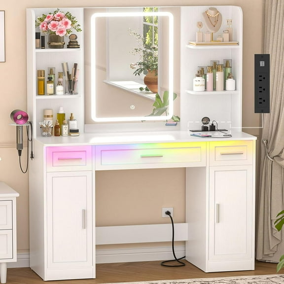 Homieasy Vanity Desk, Makeup Vanity Desk with Mirror and Lights 3 Colors, Transparent Top with 3 Drawers, 6 Shelves, 2 Large Tempered Cabinets, Power Outlet, for Bedroom, White