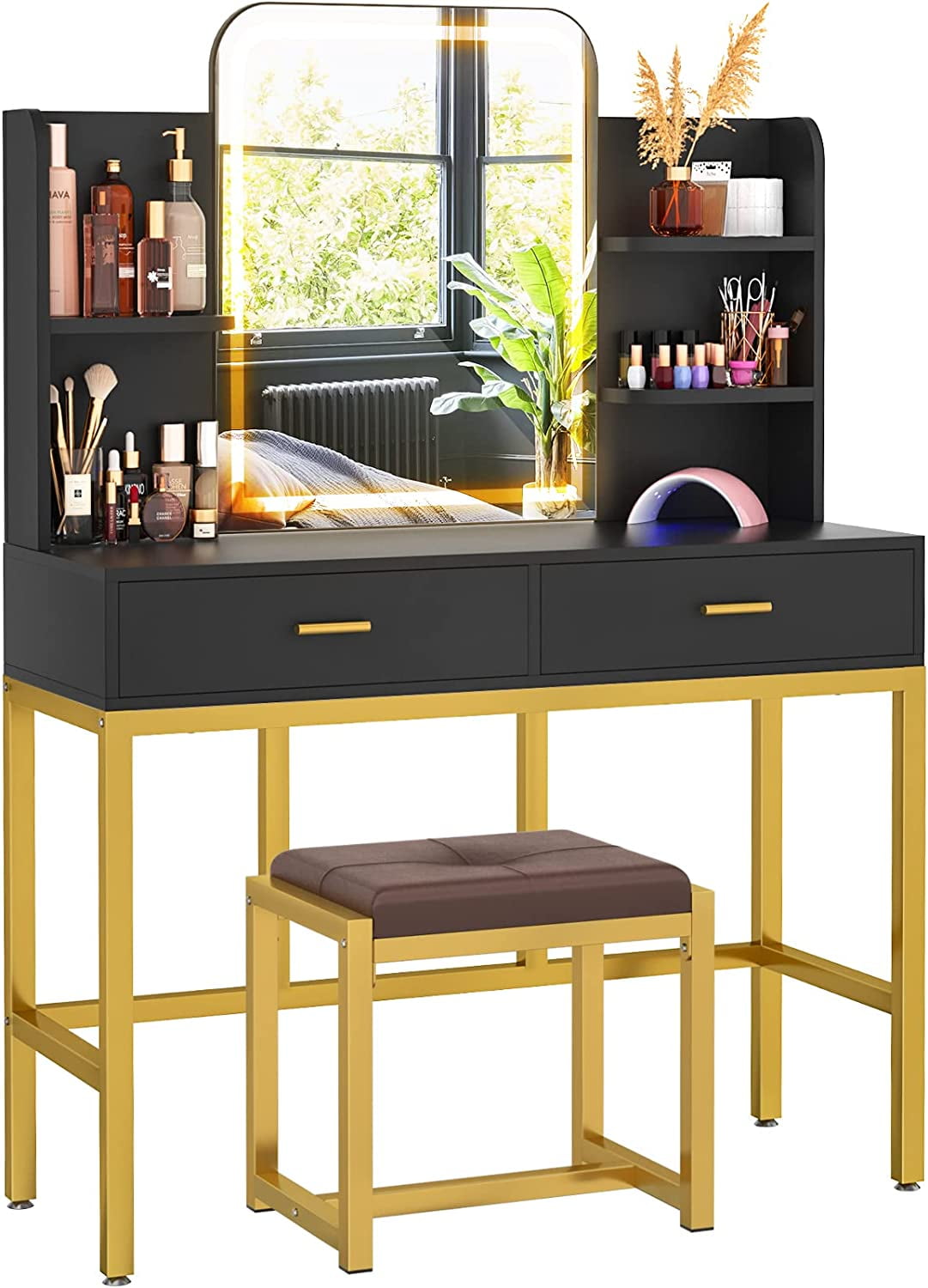 Homieasy Vanity Desk with Mirror and Light, Makeup Vanity with Cushioned Stool, Vanity Table Set