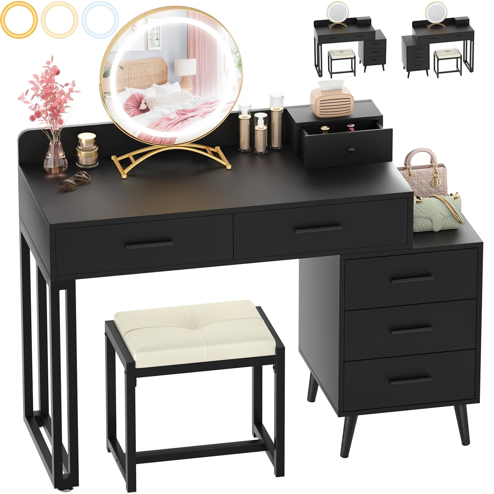 AUGESTER Lighted Makeup Vanity Set, Dressing Table Set With 12 Lights, 360° Rotating Oval Mirror, 5 Sliding Drawers, Elegant Cushioned Stool, For Bedroom Or Gifts Girls Women (Black), Black,White