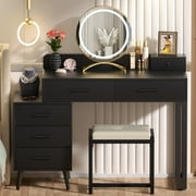 Homieasy Vanity Desk with Mirror and Lights, Modern Makeup Vanity Table Set with 6 Storage Drawers and Cushioned Stool for Bedroom, Dressing Table with Divided Organizers for Women, Black