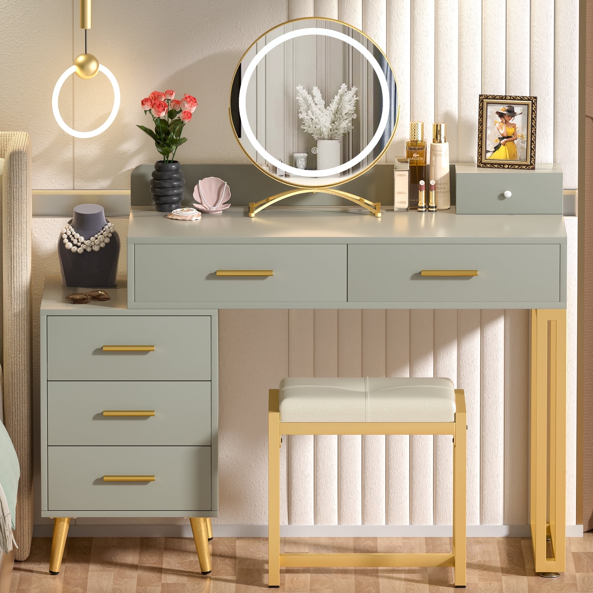 Homieasy Vanity Desk with Mirror and Lights, Modern Makeup Vanity Table Set with 6 Storage Drawers and Cushioned Stool for Bedroom, Dressing Table with Divided Organizers for Women, Cyan