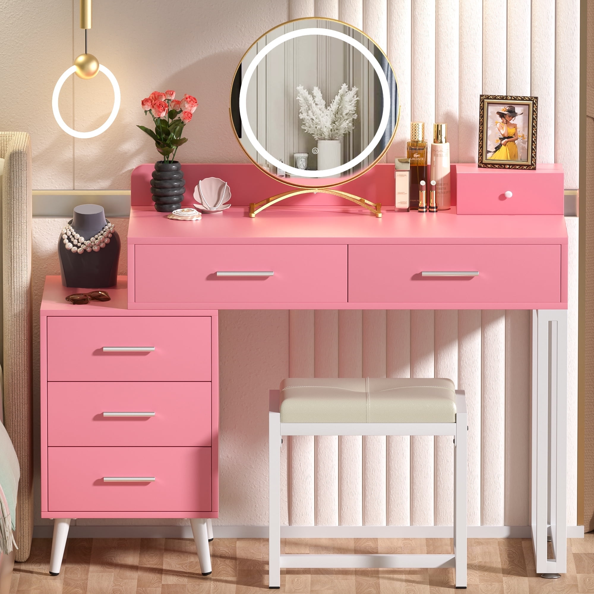 Homieasy Vanity Desk with Mirror and Lights, Modern Makeup Vanity Table Set with 6 Storage Drawers and Cushioned Stool for Bedroom, Dressing Table with Divided Organizers for Women, Pink