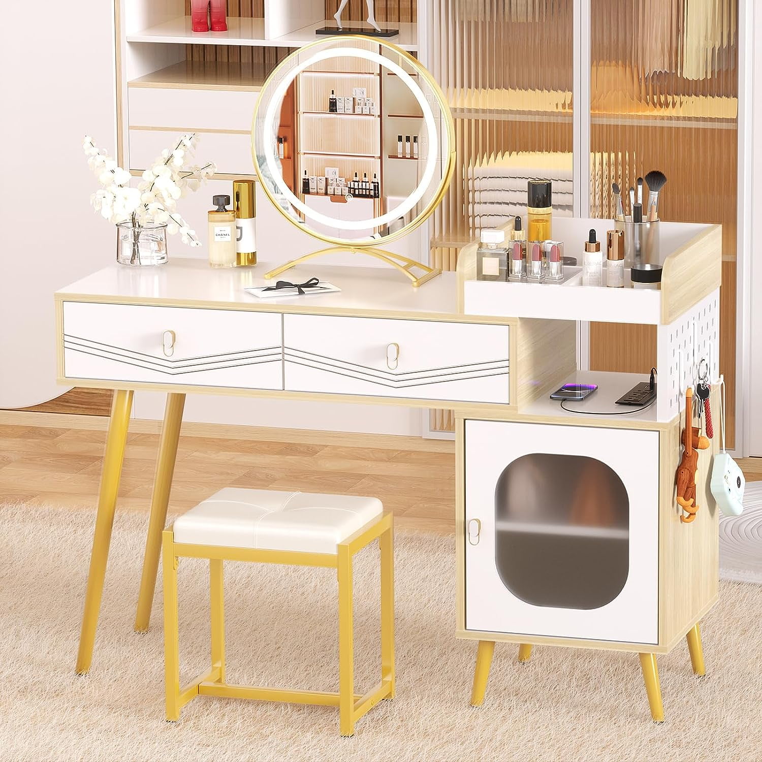 Homieasy Vanity Desk with Power Outlets & Lighted Mirror(3 Color LED), 47'' Reversible Makeup