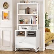 Homieasy Vertical File Cabinet with Charging Station, Lock & Large Drawer - Fits Letter/A4/Legal Files, Printer Stand & Shelves for Home Office, White