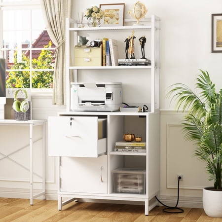 Homieasy Vertical Filing Cabinet with Lock & Charging Station, Large Drawer Wood File Cabinet with Bookshelf, Printer Stand with Open Storage Shelf, fits Letter Size for Home Office, White