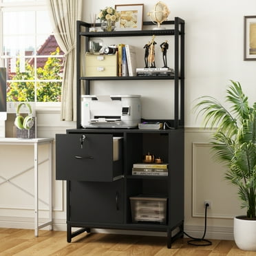 Homieasy Vertical Filing Cabinet with Lock & Charging Station, Large Drawer Wood File Cabinet with Bookshelf, Printer Stand with Open Storage Shelf, fits Letter Size for Home Office, Black