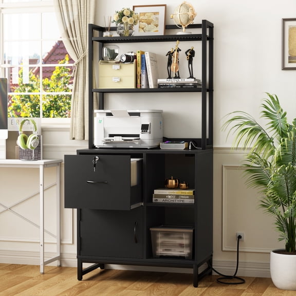 Homieasy Vertical Filing Cabinet with Lock & Charging Station, Large Drawer Wood File Cabinet with Bookshelf, Printer Stand with Open Storage Shelf, fits Letter Size for Home Office, Black