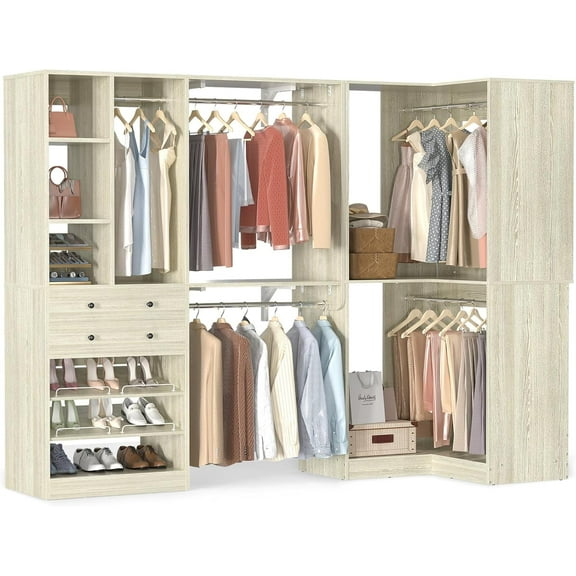 Homieasy Walk-in Closet System 2-Piece Set, 90.5" Closet Organizer with 2 Wooden Drawers & Hanging Rods, Reversible Wardrobe Closet with Corner, for Bedroom, Closet, 90.5" x 31.5"W x 80"H, White Oak