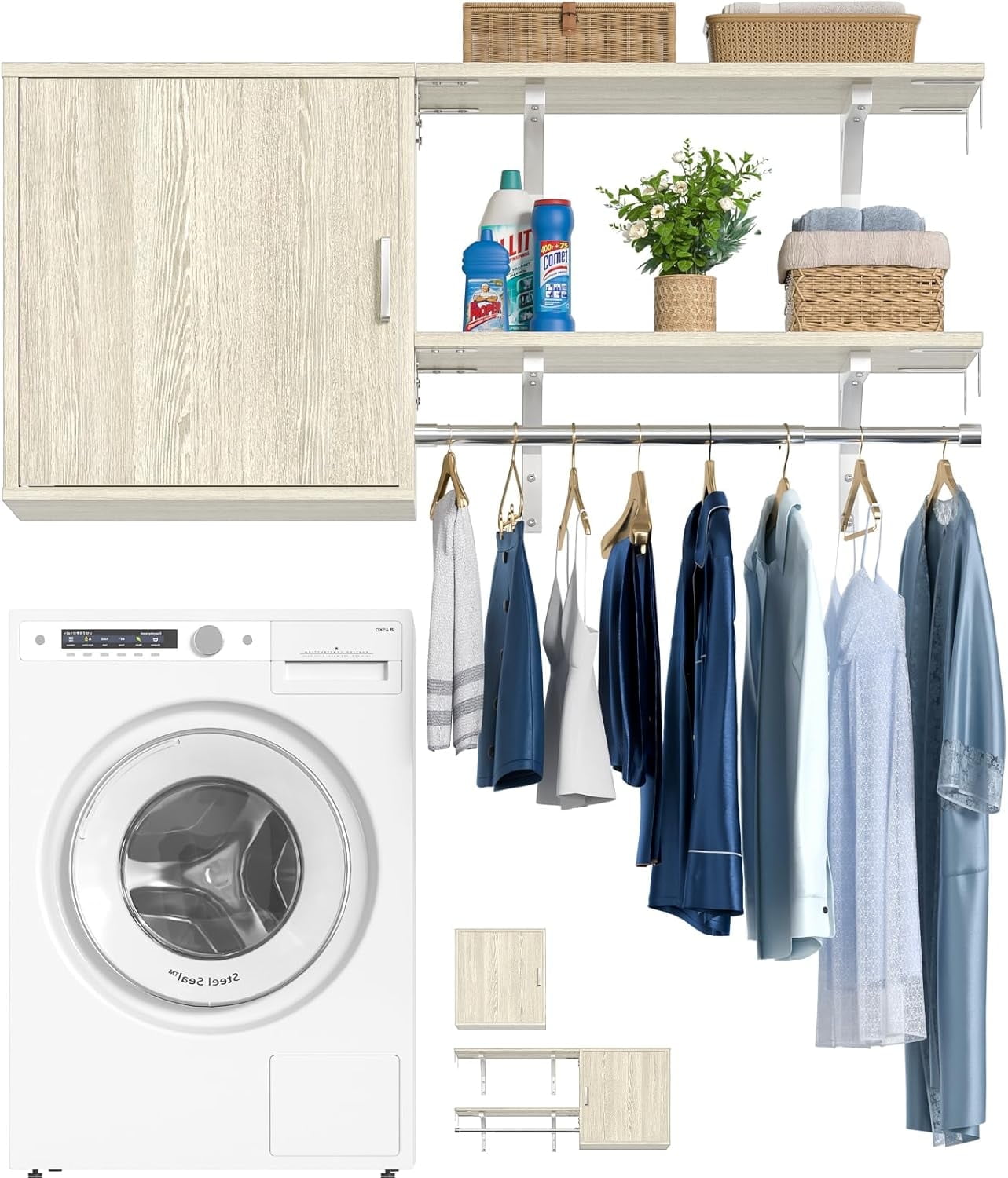 Homieasy Wall Cabinet with 2 Storage Shelf Towers, 46'' Wide Wall Organizer Cabinet with Door & Hanging Rod, Reversible, Small Wall Mounted Cabinet for Laundry, Bedroom, Closet, Garage, White Oak