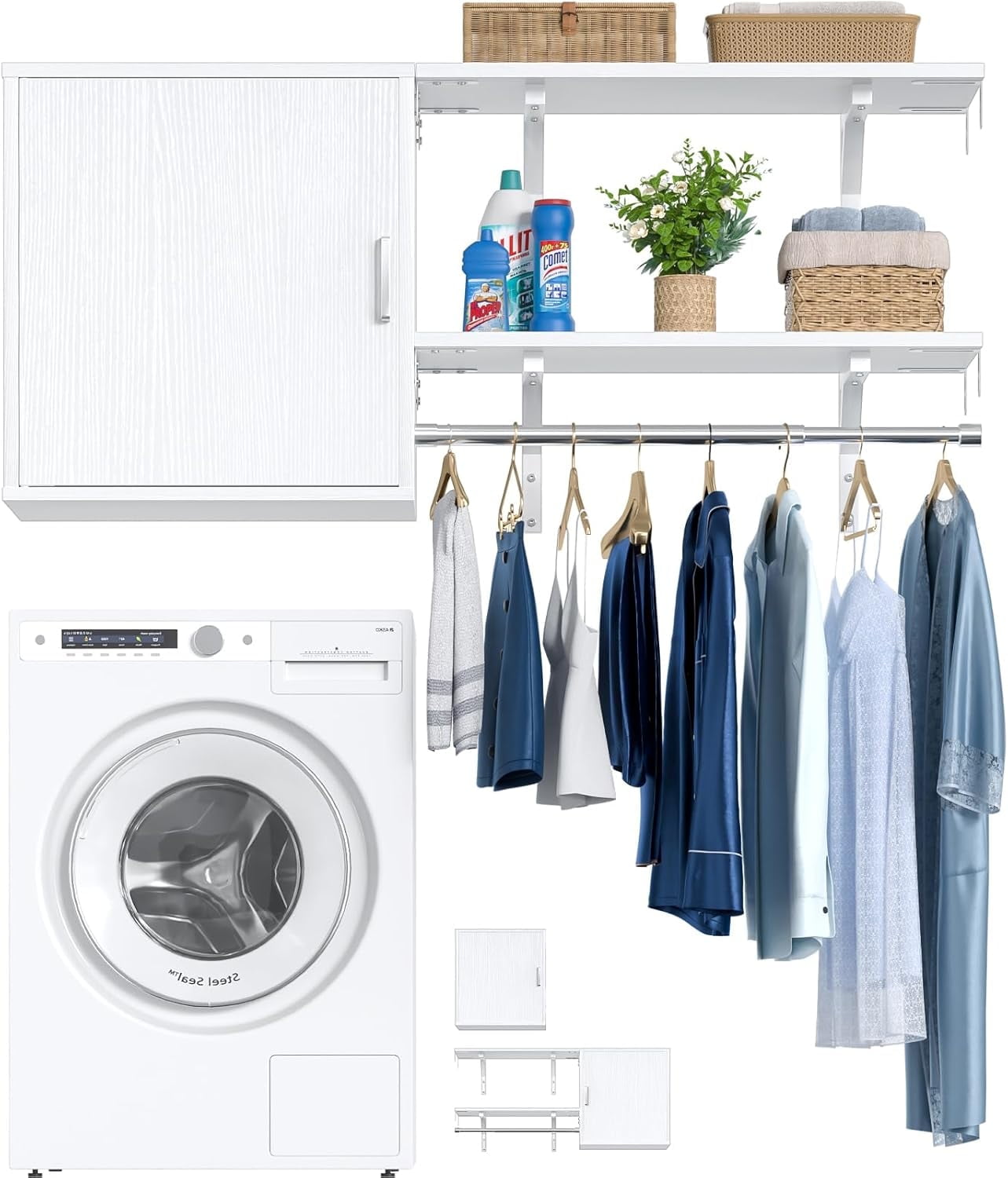 Homieasy Wall Cabinet with 2 Storage Shelf Towers, 46'' Wide Wall Organizer Cabinet with Door & Hanging Rod, Reversible, Small Wall Mounted Cabinet for Laundry, Bedroom, Closet, Garage, White