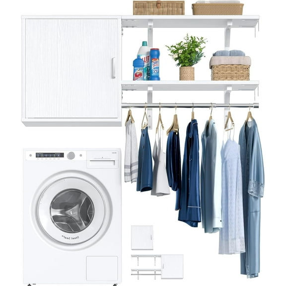 Homieasy Wall Cabinet with 2 Storage Shelf Towers, 46'' Wide Wall Organizer Cabinet with Door & Hanging Rod, Reversible, Small Wall Mounted Cabinet for Laundry, Bedroom, Closet, Garage, White