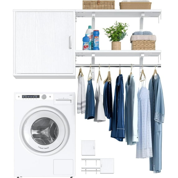 Homieasy Wall Cabinet with 2 Storage Shelf Towers, 46'' Wide Wall Organizer Cabinet with Door & Hanging Rod, Reversible, Small Wall Mounted Cabinet for Laundry, Bedroom, Closet, Garage, White