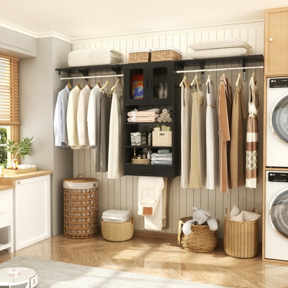 Homieasy Wall Cabinet with Hanging Rods and Drawer, 65''W Laundry Cabinet with 2 Doors & Shelves, Build-in Medicine Cabinet with Shelf Towers, Small Storage Cabinet, Black