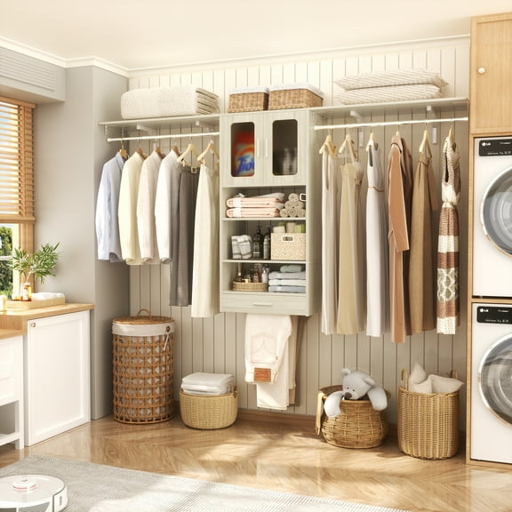 Homieasy Wall Cabinet with Hanging Rods and Drawer, 65''W Laundry Cabinet with 2 Doors & Shelves, Build-in Medicine Cabinet with Shelf Towers, Small Storage Cabinet, White Oak