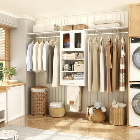 Homieasy Wall Cabinet with Hanging Rods and Drawer, 65''W Laundry Cabinet with 2 Doors & Shelves, Build-in Medicine Cabinet with Shelf Towers, Small Storage Cabinet, White