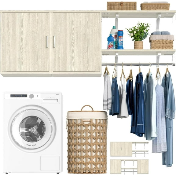 Homieasy Wall Mounted Cabinet with Hanging Rod, 65'' Wide Laundry Cabinet with 2 Shelves and Doors, Reversible, Small Storage Cabinet for Laundry, Bedroom, 300+ LBS Weight Capacity, White Oak