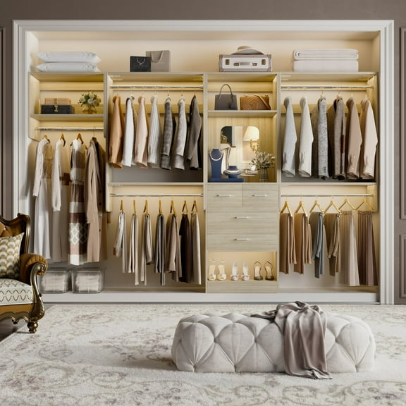 Homieasy Wall Mounted Closet System with 2 Sets, Heavy Duty Closet Organizer System with Drawers & Hanging Rods, Multifunctional Reversible Wardrobe Closet for Bedroom, Closet, White Oak