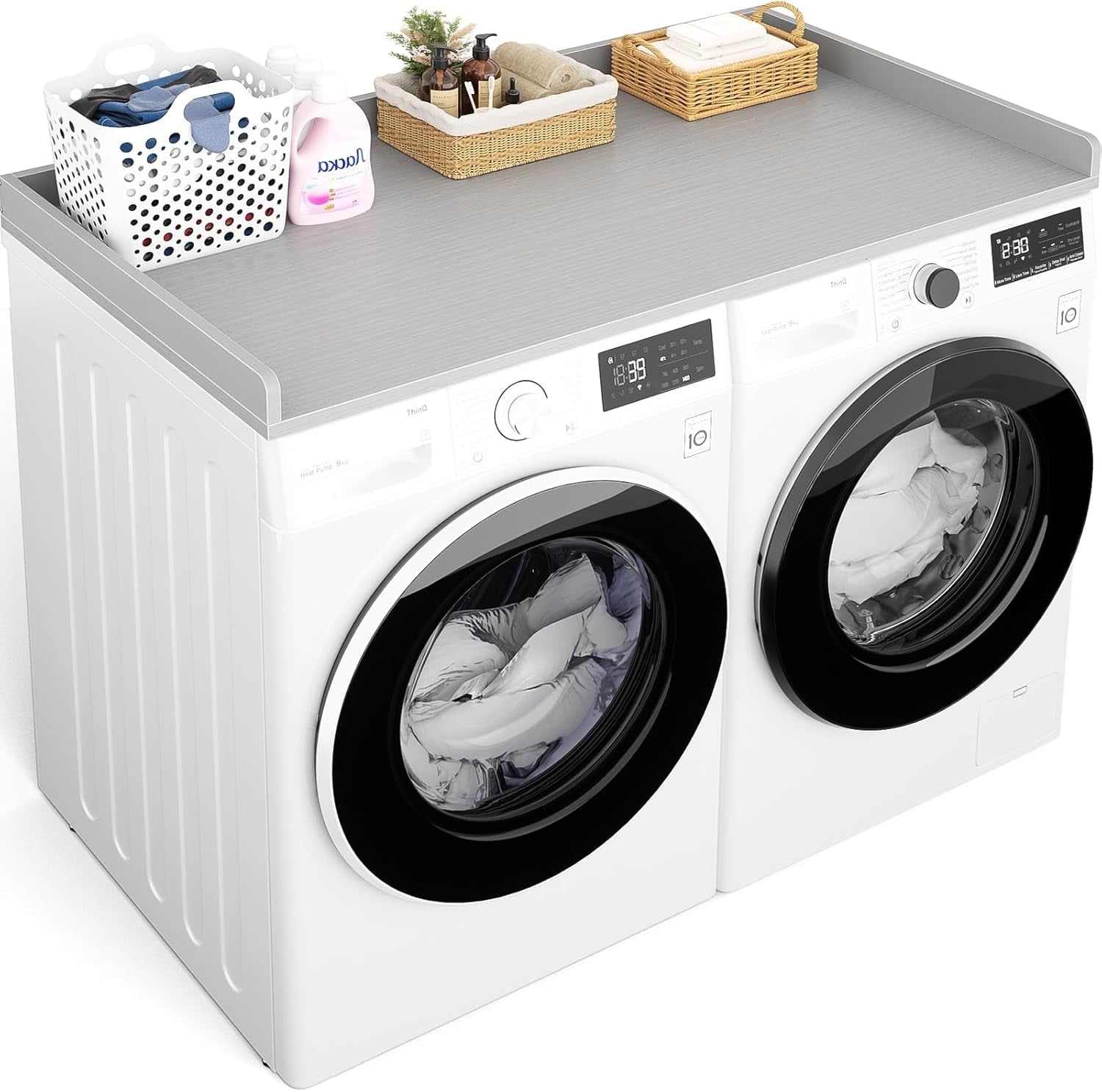 Homieasy Washer and Dryer Countertop, Laundry Room Organization with Non-Slip Pads, Wood Shelf Topper with Round Corner Edge Rails, Laundry Folding Organizer for Laundry, Gray