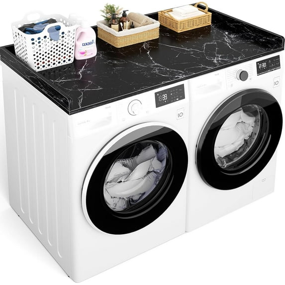 Homieasy Washer and Dryer Countertop, Laundry Room Organization with Non-Slip Pads, Wood Shelf Topper with Round Corner Edge Rails, Laundry Folding Organizer for Laundry, Black Marble