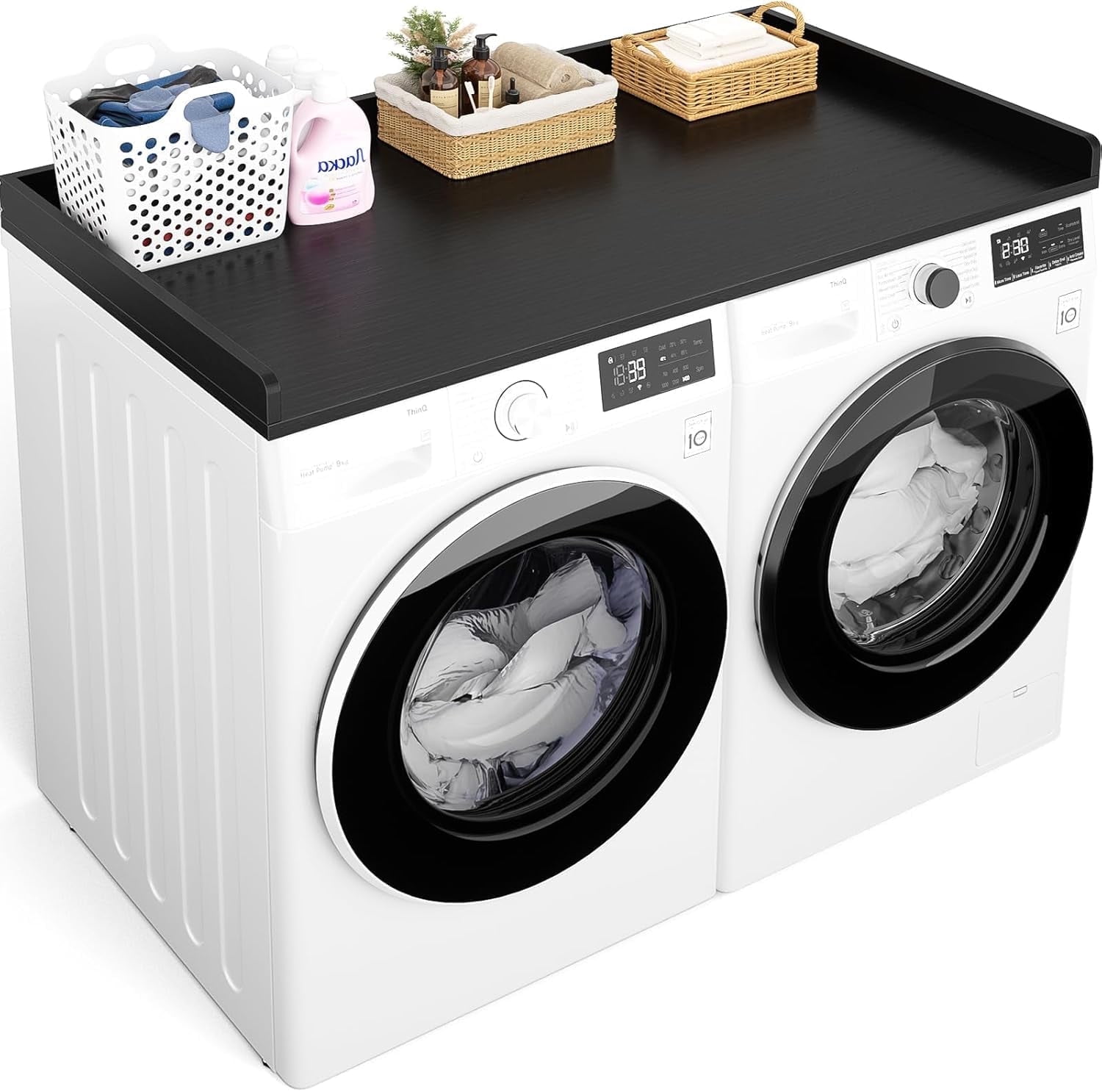 Homieasy Washer and Dryer Countertop, Laundry Room Organization with Non-Slip Pads, Wood Shelf Topper with Round Corner Edge Rails, Laundry Folding Organizer for Laundry, Black