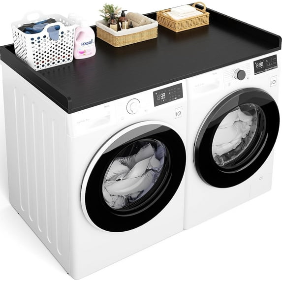 Homieasy Washer and Dryer Countertop, Laundry Room Organization with Non-Slip Pads, Wood Shelf Topper with Round Corner Edge Rails, Laundry Folding Organizer for Laundry, Black