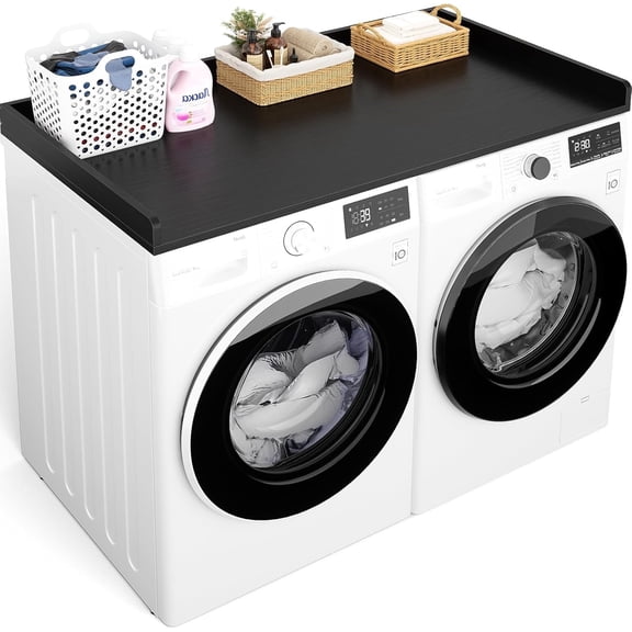 Homieasy Washer and Dryer Countertop, Laundry Room Organization with Non-Slip Pads, Wood Shelf Topper with Round Corner Edge Rails, Laundry Folding Organizer for Laundry, Black