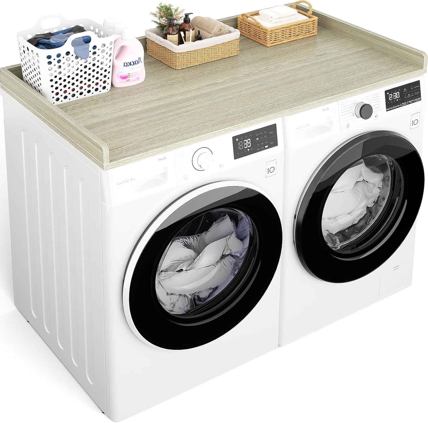 Homieasy Washer and Dryer Countertop, Laundry Room Organization with Non-Slip Pads, Wood Shelf Topper with Round Corner Edge Rails, Laundry Folding Organizer for Laundry, White Oak