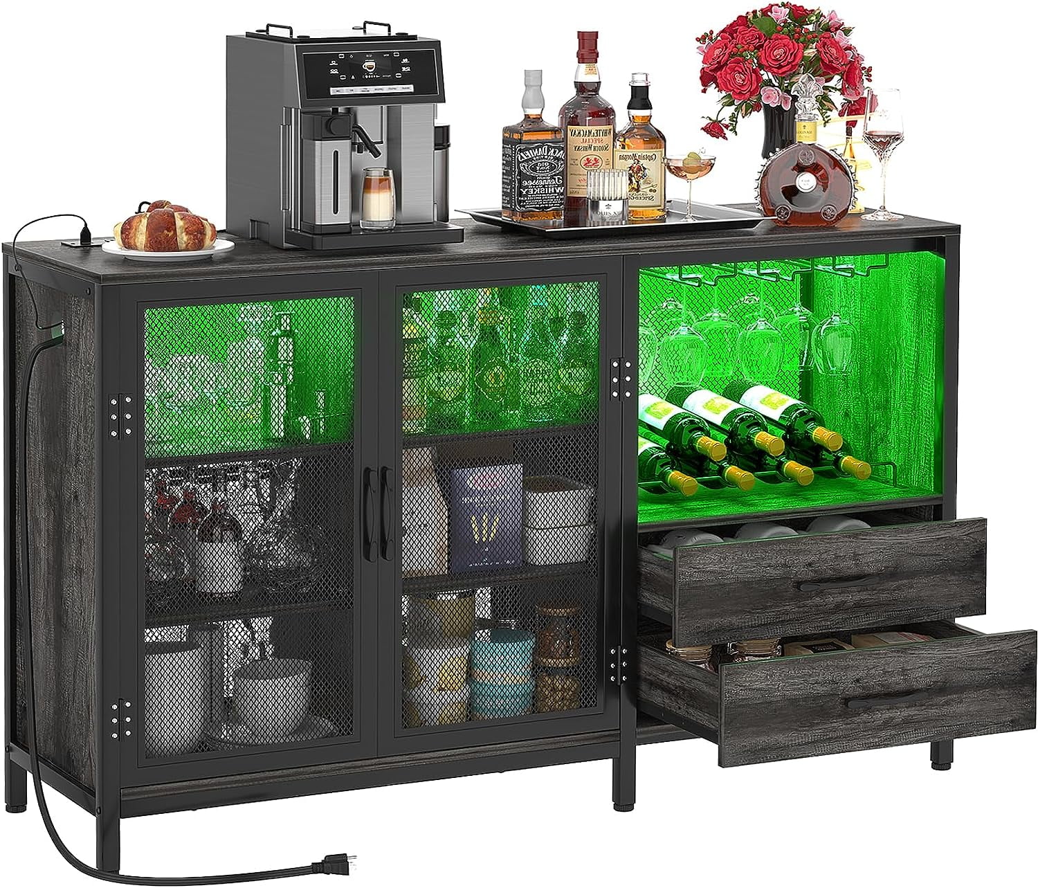 Homieasy Wine Bar with LED Lights and Outlets, Coffee Bar Farmhouse Wine for